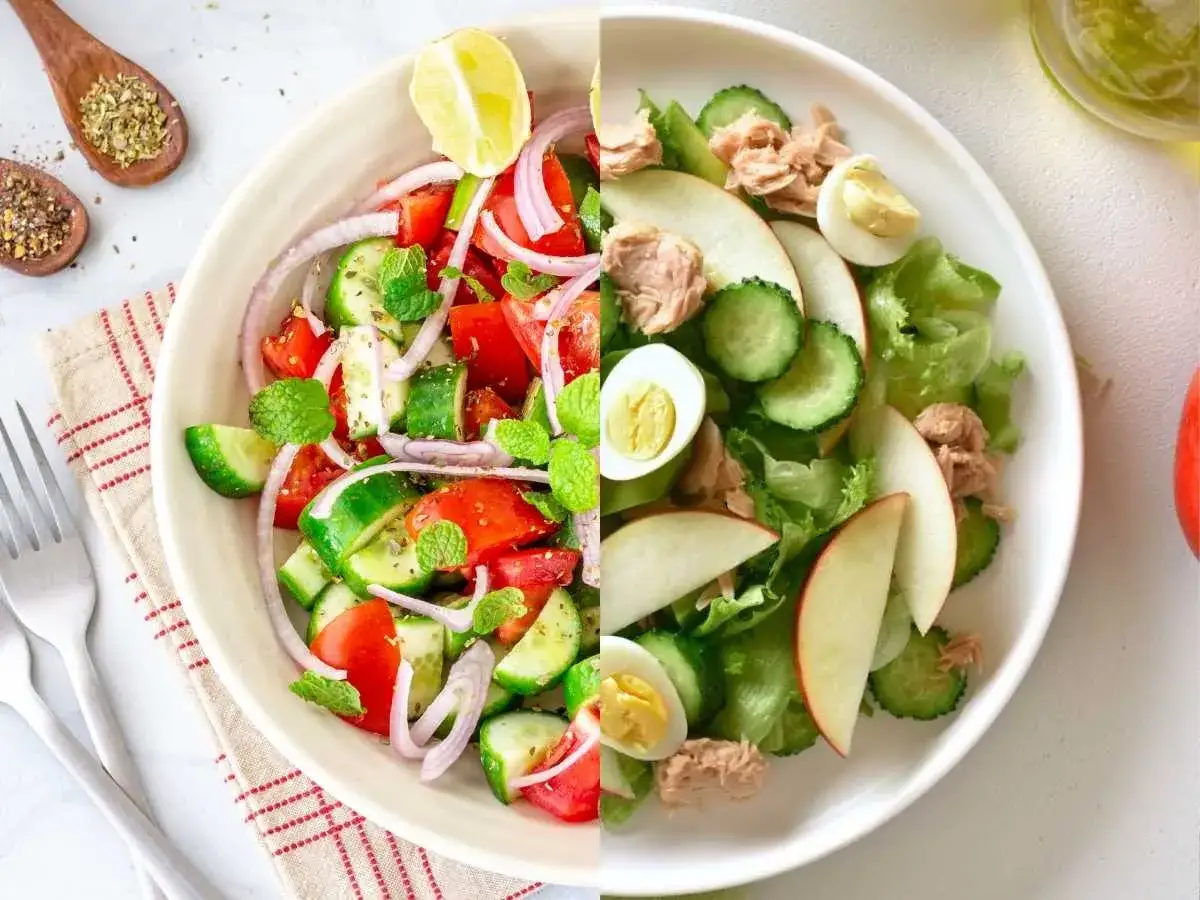 Dos ensaladas frescas: una de tomate, cebolla y pepino con menta, y otra con at&uacute;n, huevo, manzana y pepino.