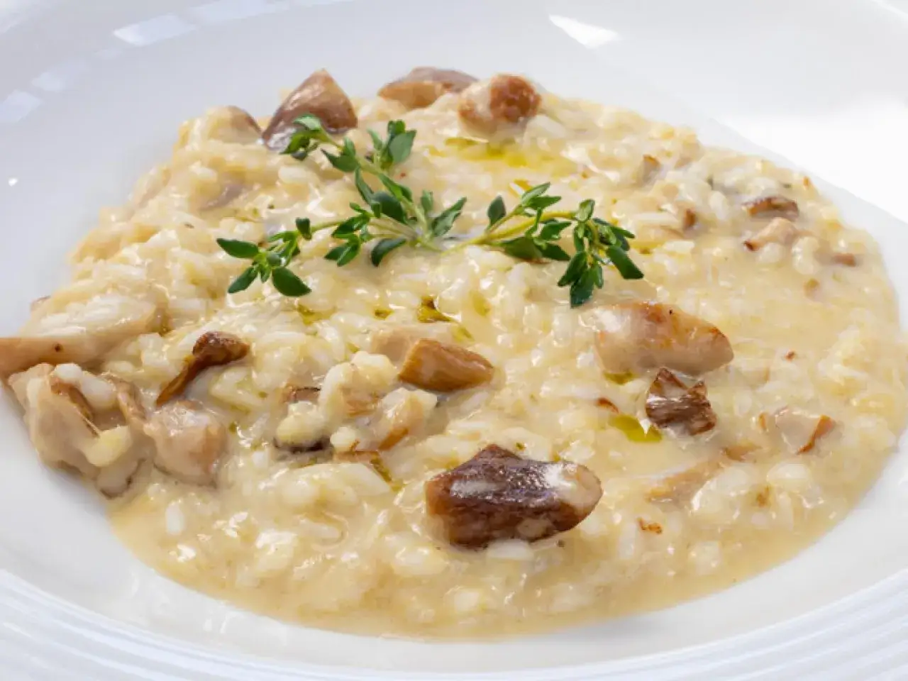 Un cremoso risotto de boletus, adornado con tomillo fresco, servido en un plato blanco.