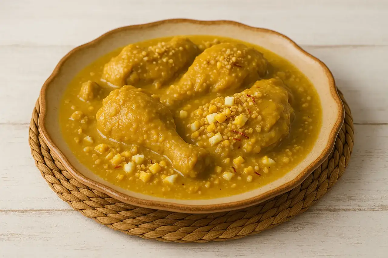 Pollo en pepitoria, un plato tradicional con trozos de huevo duro y hebras de azafr&aacute;n.