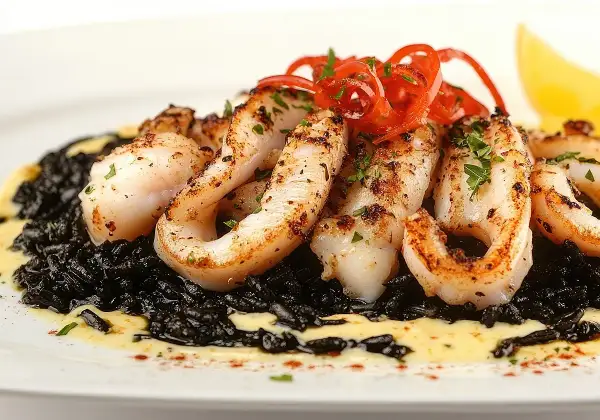 Delicioso arroz negro con calamares a la plancha, adornado con pimientos rojos y perejil.