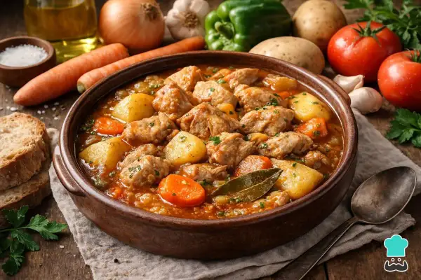 Un reconfortante estofado de pavo con patatas, zanahorias y laurel en un cuenco de barro.