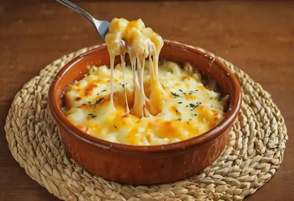 Macarrones con queso cremoso y provolone al horno, con un tenedor sacando un bocado que estira el queso fundido.