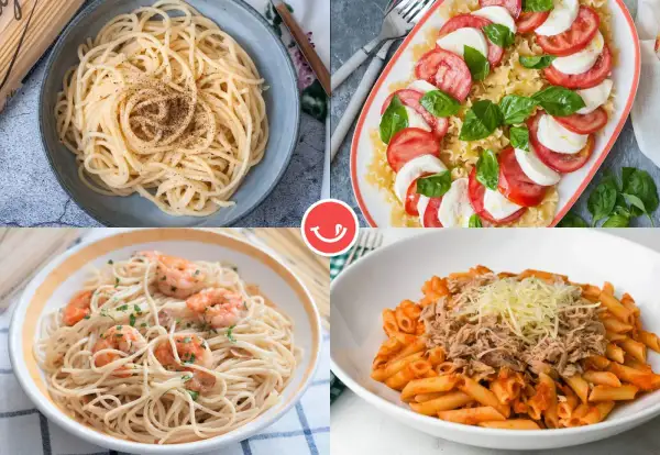 Cuatro platos de pasta: espaguetis con pimienta, ensalada caprese con pasta, espaguetis con gambas y penne con atún. ¡Ideas para tus recetas de pasta!