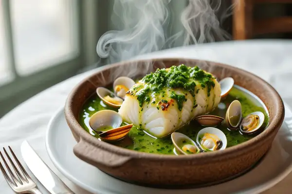 Delicioso bacalao en salsa verde, con almejas y vapor ascendiendo. Un plato humeante y apetitoso.