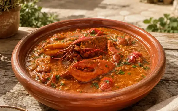 Caldereta de langosta servida en cazuela de barro, con trozos de langosta y arroz en una salsa rojiza.