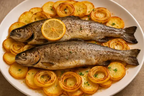Dos truchas al horno, doradas y jugosas, acompañadas de rodajas de patata y cebolla crujientes, con una rodaja de limón coronando una de ellas.
