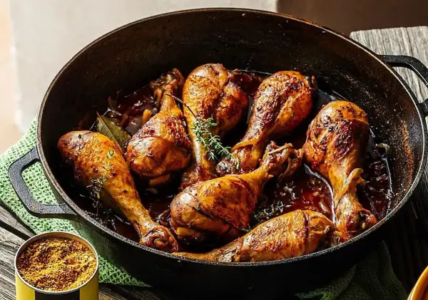 Muslos de pollo a la cerveza dorados y jugosos en una sartén de hierro fundido, con hierbas frescas y un toque de especias.