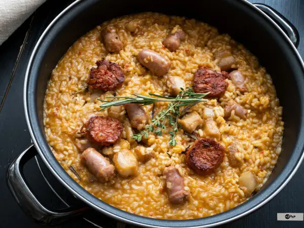 Arroz a la zamorana en paellera, con chorizo, costillas y hierbas aromáticas.