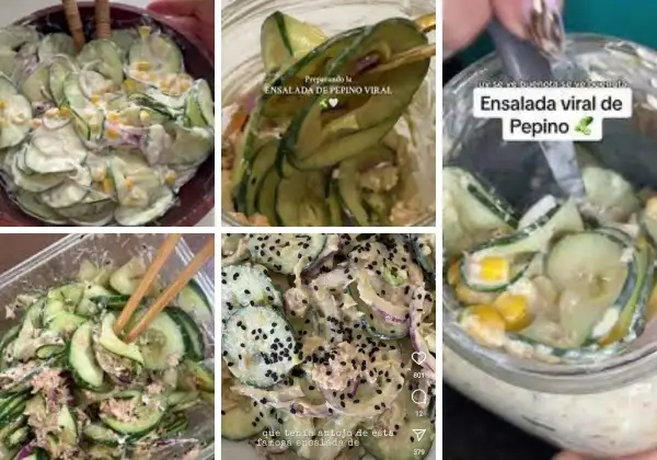 Varias ensaladas de pepino cremosas, algunas con semillas de sésamo negro, listas para disfrutar.