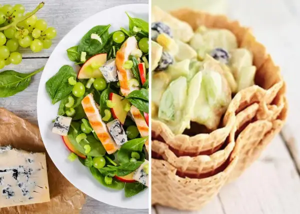 Ensalada de pollo y lechuga con uvas y queso azul, junto a una ensalada cremosa en copas de barquillo.